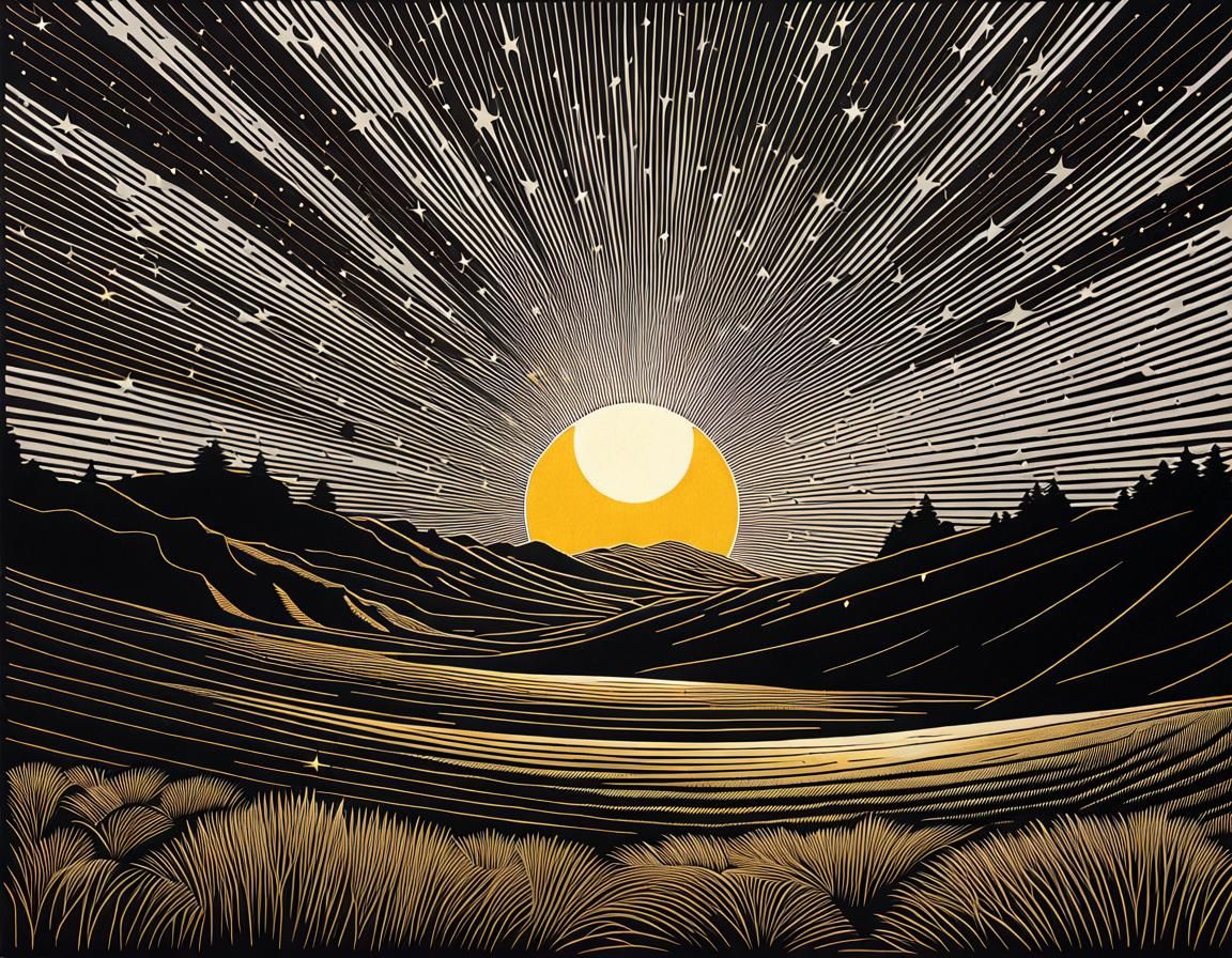 Intricate Linocut Landscape Illustration with Golden Ratio