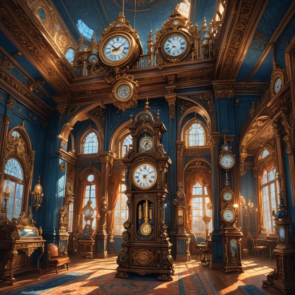 Elegant Timekeeping Hall with Antique Clocks in Art Deco