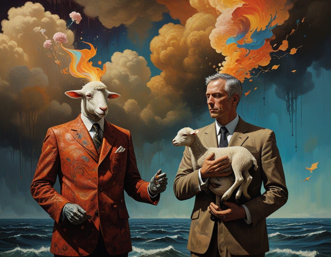 Surrealist Hospital Scene with Lamb and Swirling Clouds