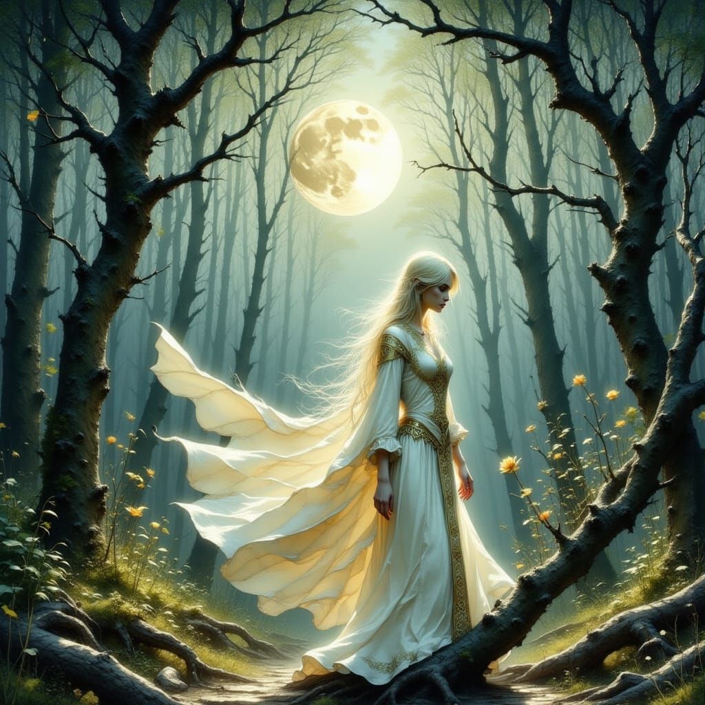 Ethereal Blonde Prophetess in Moonlit Forest