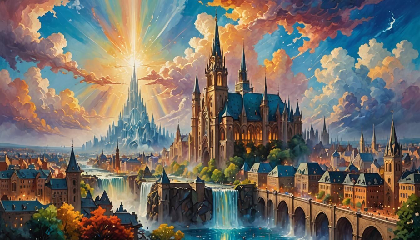 Celestial Cityscape in Oil Painting with Triadic Colors