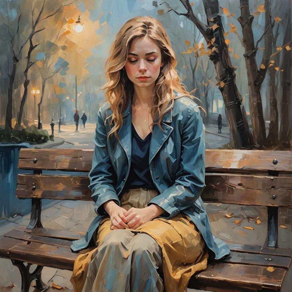 Ramona Sitting on Bench as Oil Painting