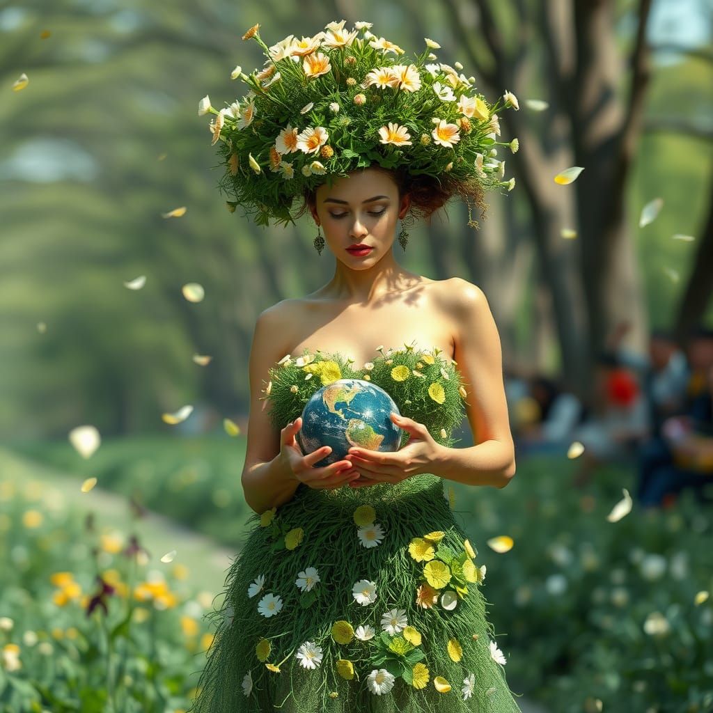 Surreal Goddess Blooms in Green, Surrounded by Nature's Beau...
