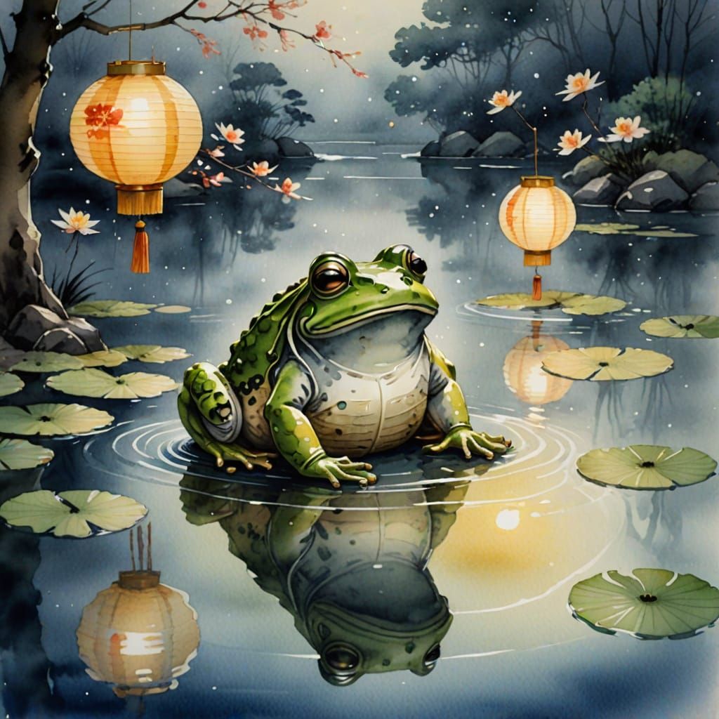 Geisha Frog Floats Lantern in Japanese Watercolor