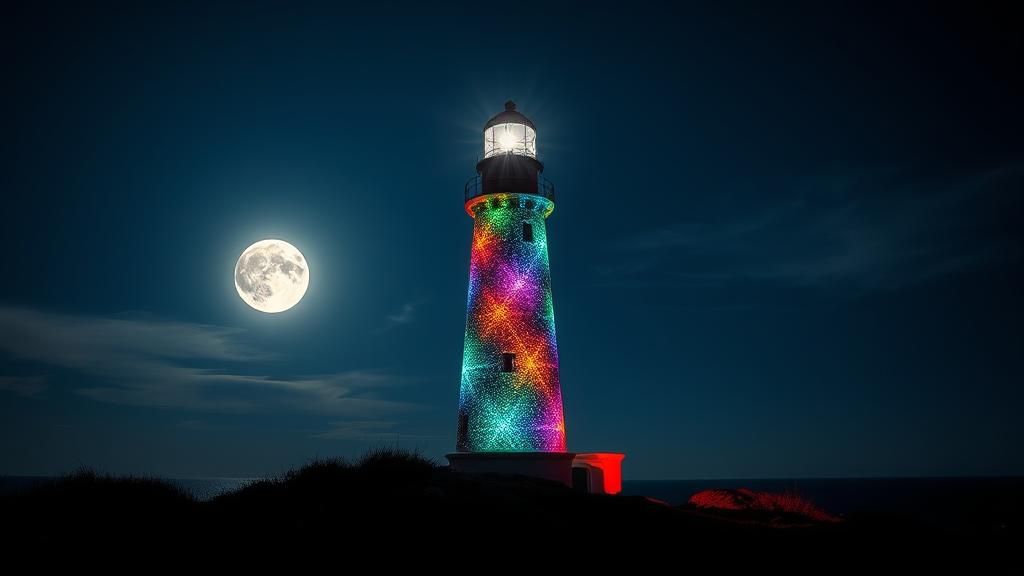 Radiant Lighthouse Shines Brightly Under Full Moon