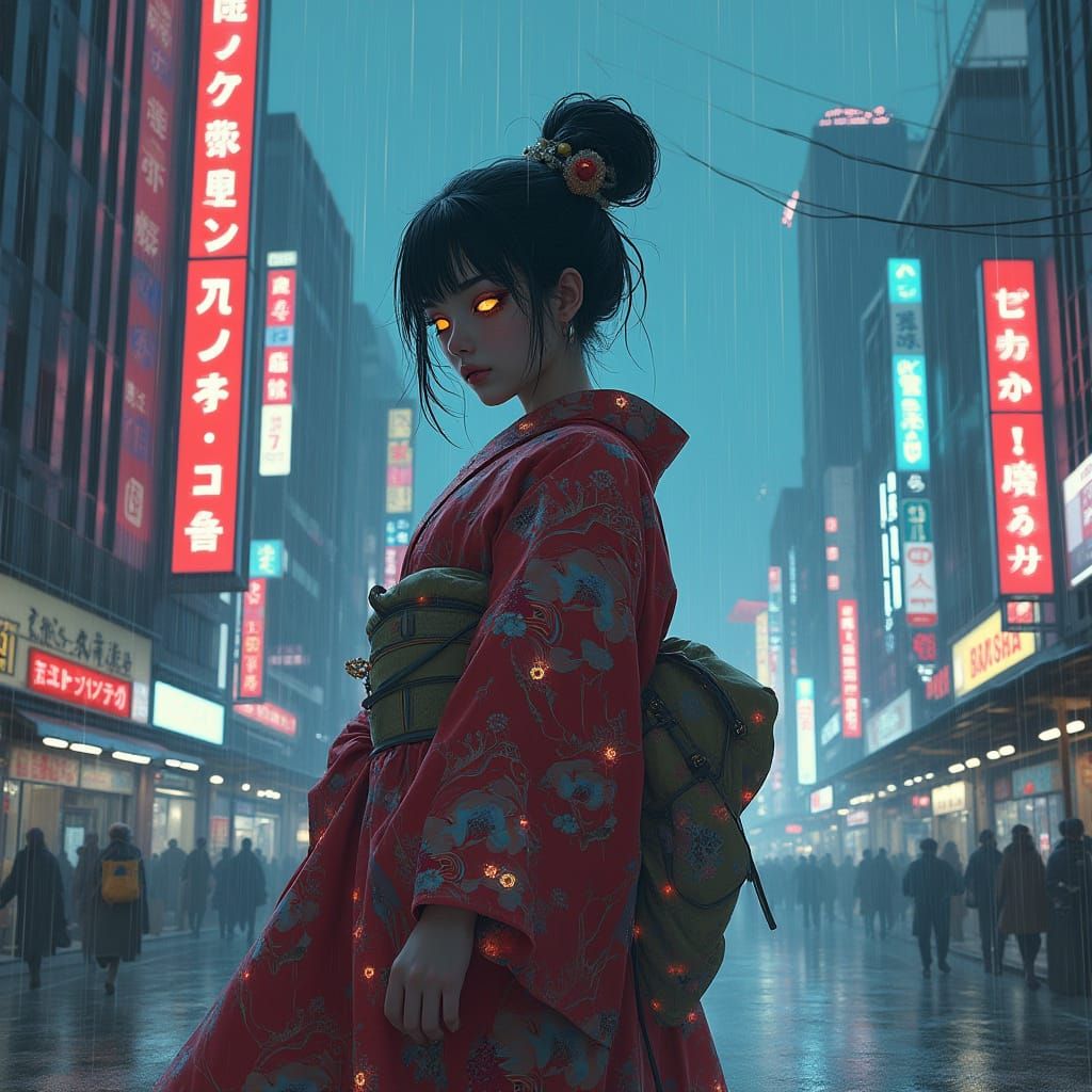 Cyberpunk Geisha in Neon Cityscape