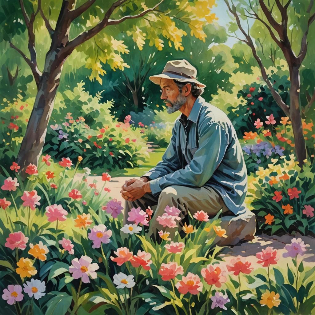 Impressionist Gouache Garden Scene with Contemplative Figure
