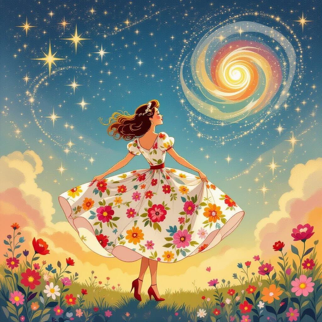 Celestial Twirl: Whimsical Woman in Floral Dress