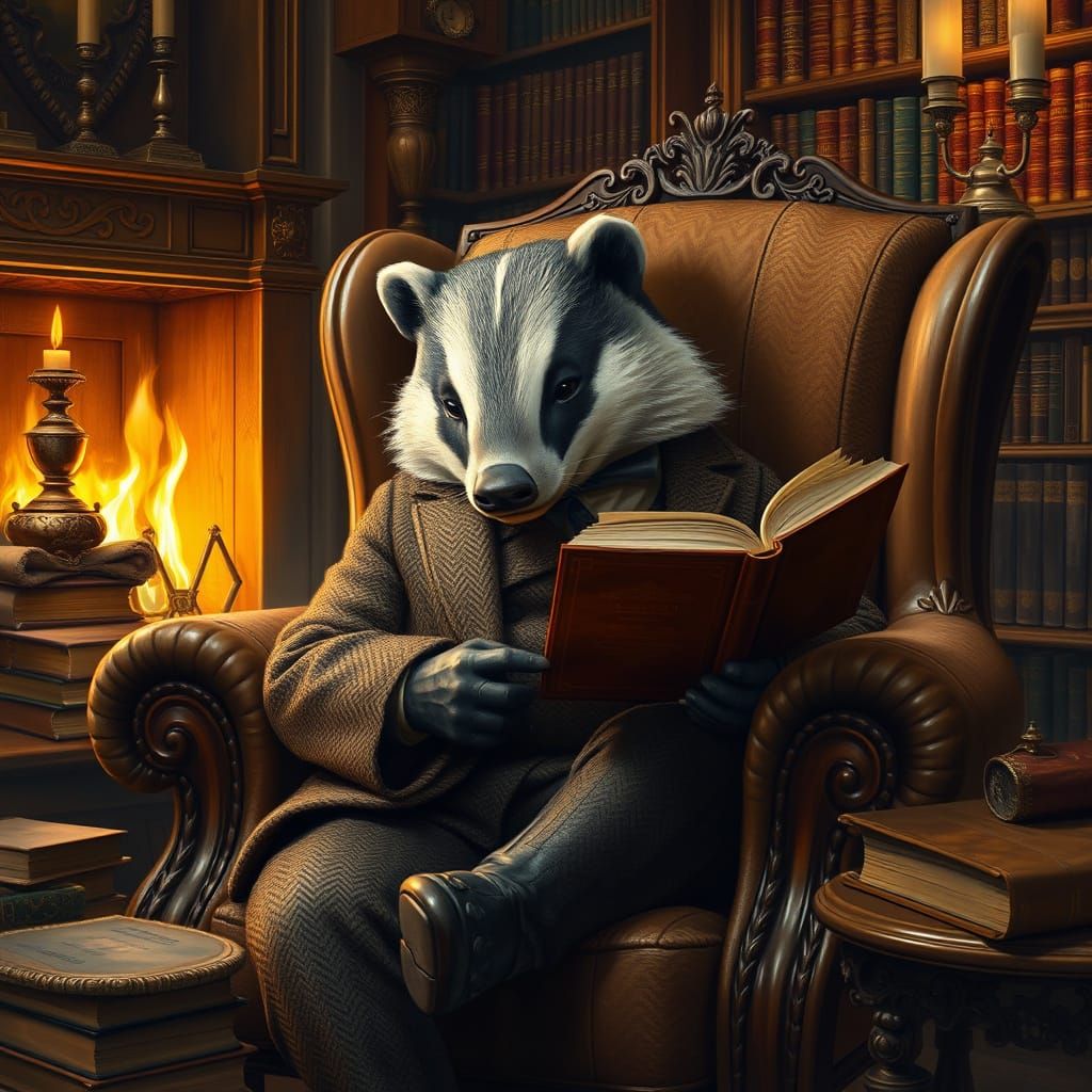 Cozy Gentleman Badger in a Worn Tweed Suit