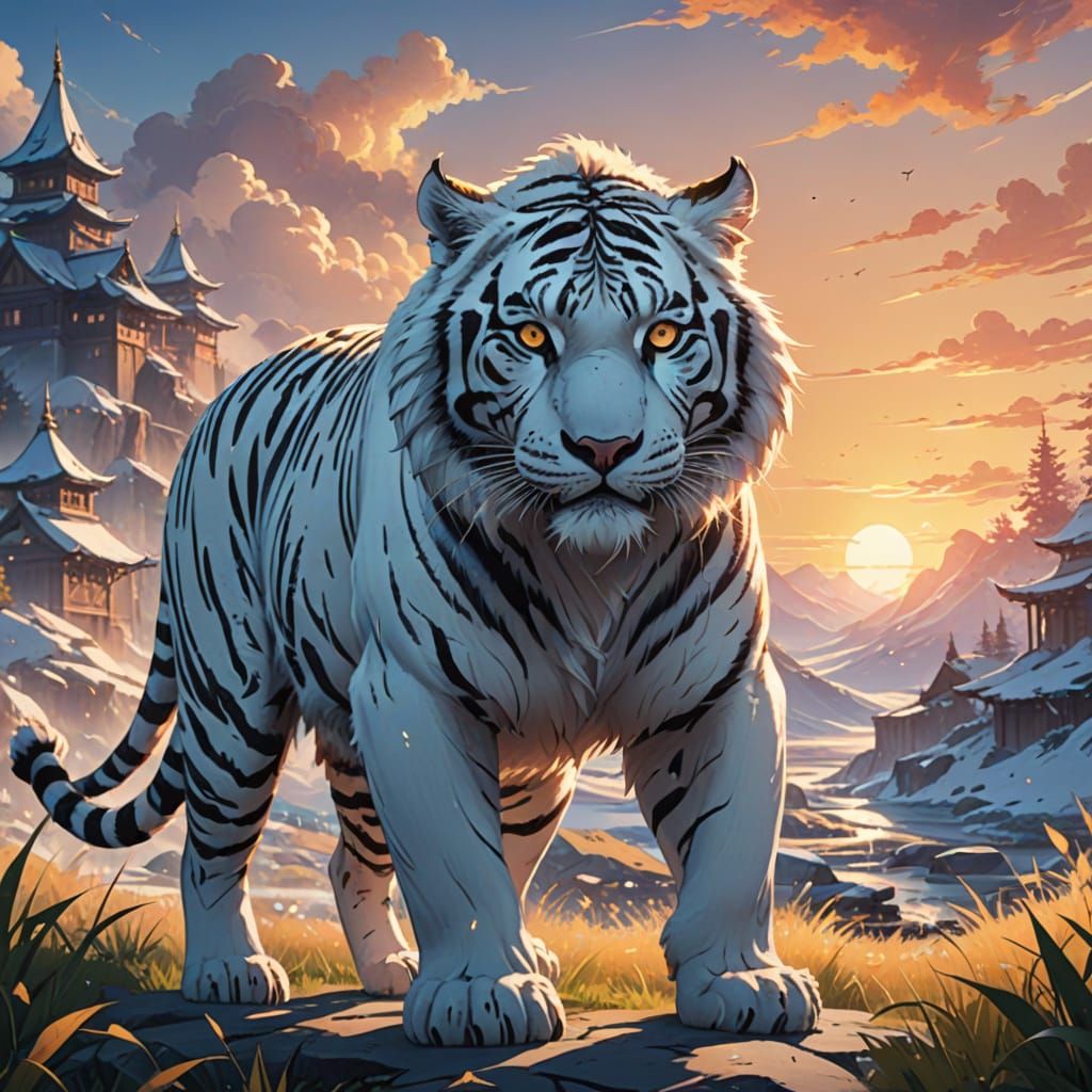 Ethereal White Tiger Embodies Siberian Sunset Spirit