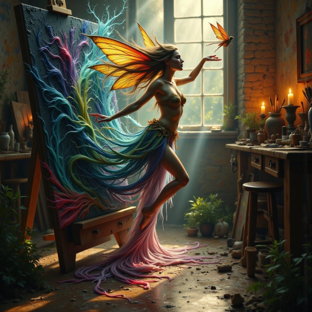 Fairy Emerges from Canvas in Artist Studio