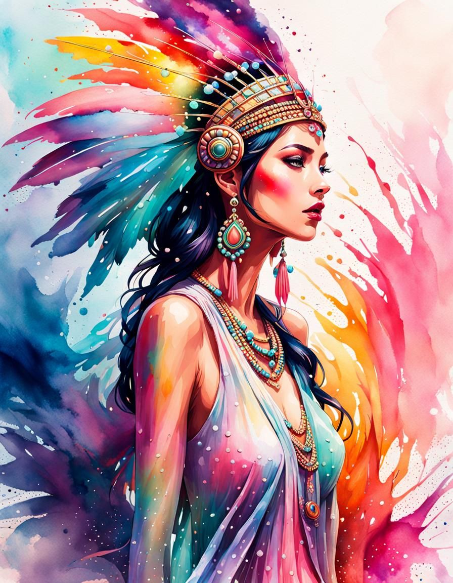 Opalescent Ink Splatter Woman in Watercolor Style