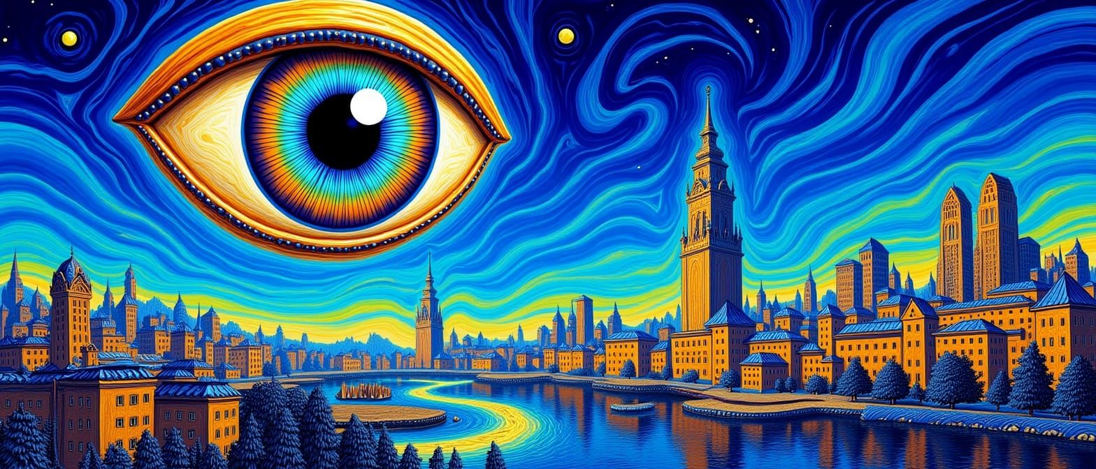 Surreal Giant Eye Over Psychedelic Cityscape