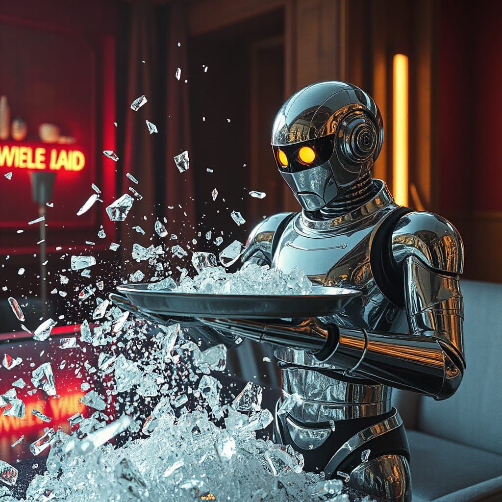 Robot Drops Crystal Tray in Neon Watercolor Style