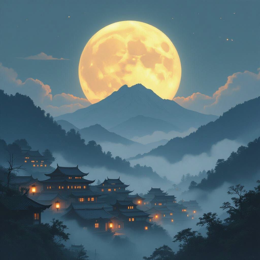 Ethereal Moonrise Over Misty Mountain Village