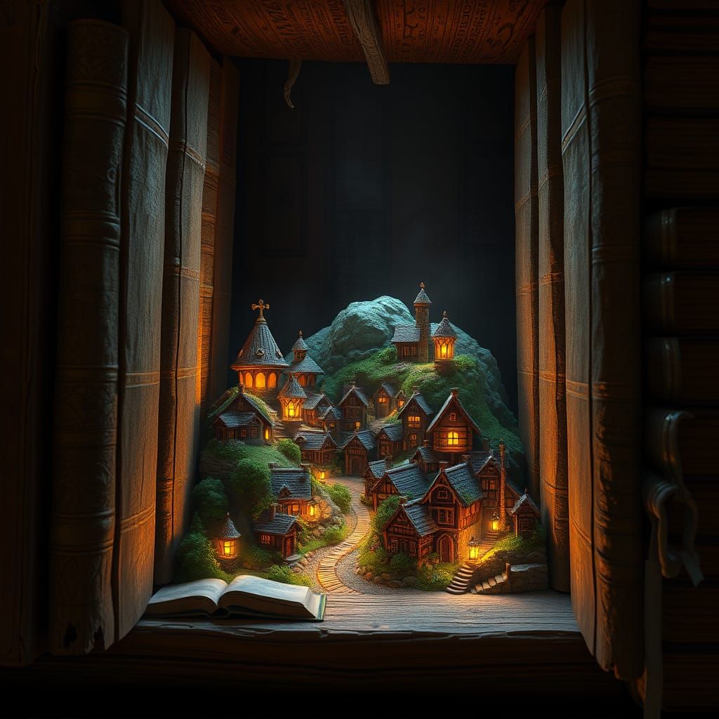 Miniature Village Between Books: High-Fantasy Matte Painting