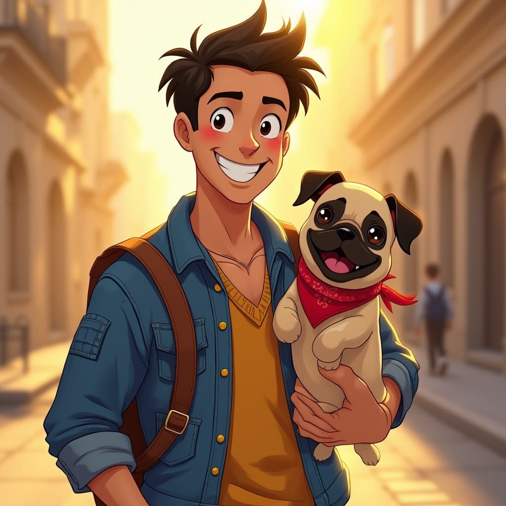 Man and Pug in Matching Outfits