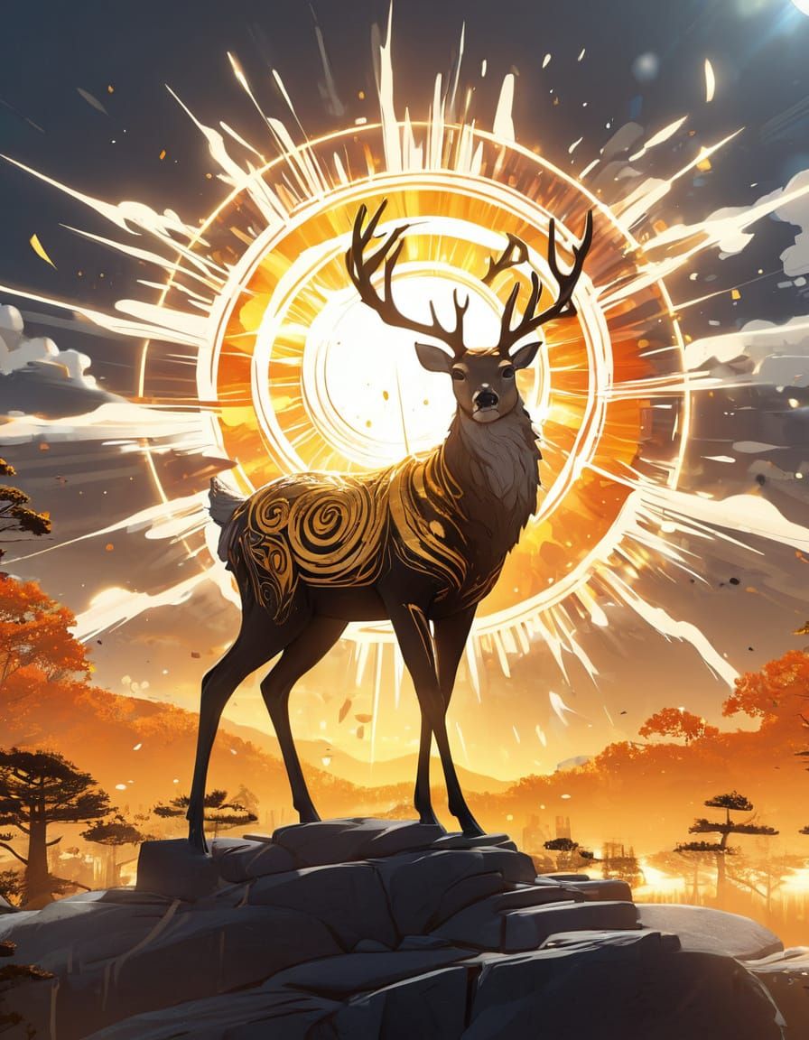 Mystical Deer with Golden Energy, Anime Concept Art