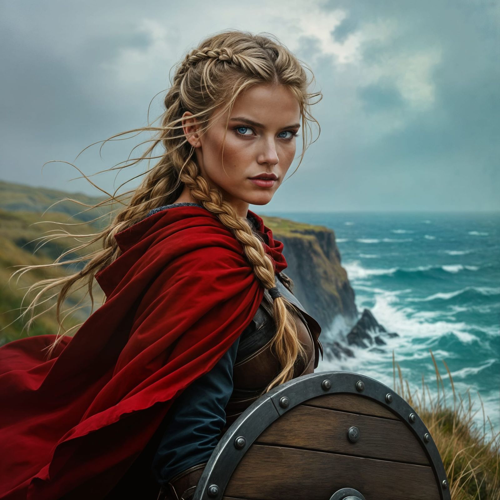Viking Shieldmaiden on Grassy Cliff Overlooking Stormy Sea