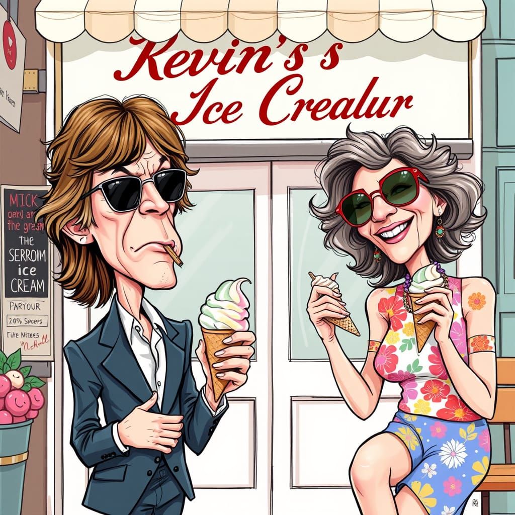 mick jagger caricature eating icecream  with jerry Hall