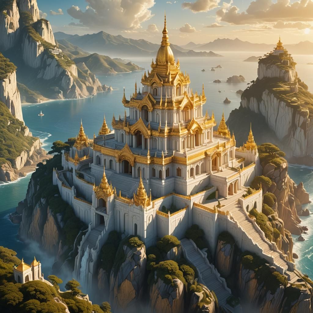 Sunlit Temple Overlooking Ocean in Fantasy Style
