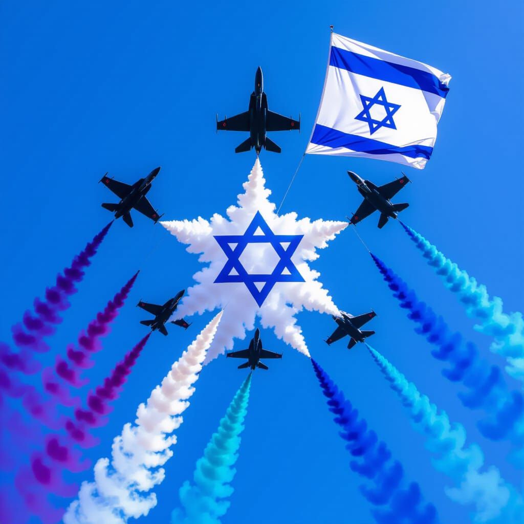 Fighter Jets Create Star of David & Stripes with Smoke Trail...