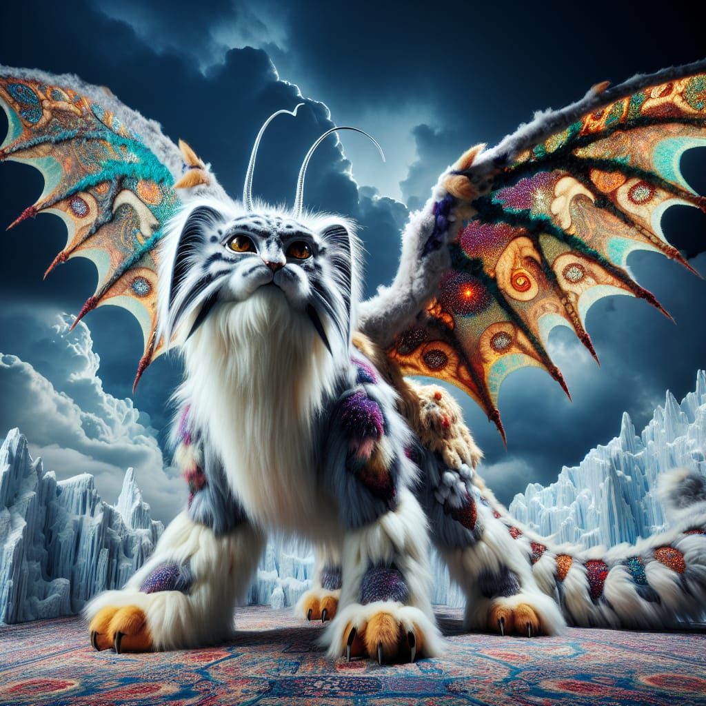 Fantasy Pallas Cat-Dragon Hybrid in Majestic, Stormy Mountai...