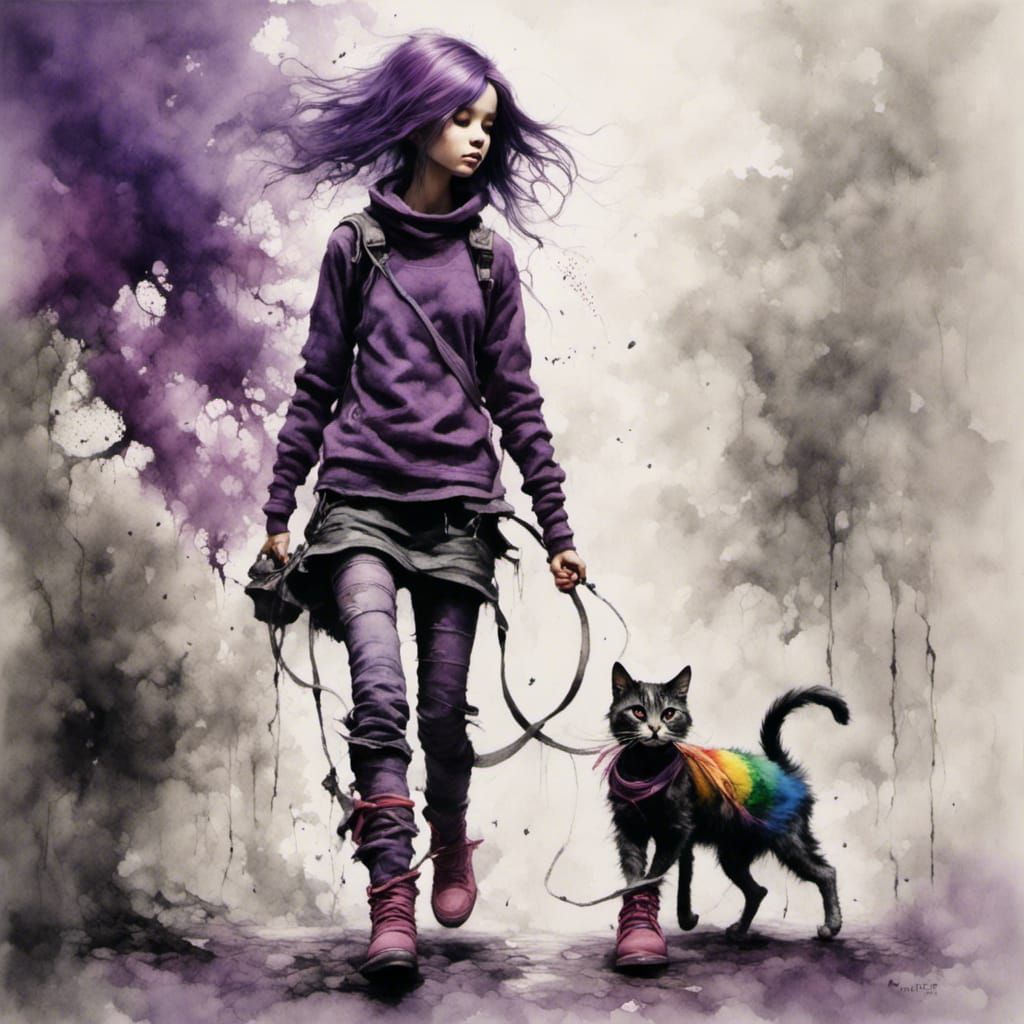 <lora:smoke:1.0> <lora:Woodsplash:1.0> Purple haired punk girl in a rainbow jumper with purple boots, walking with a cat...