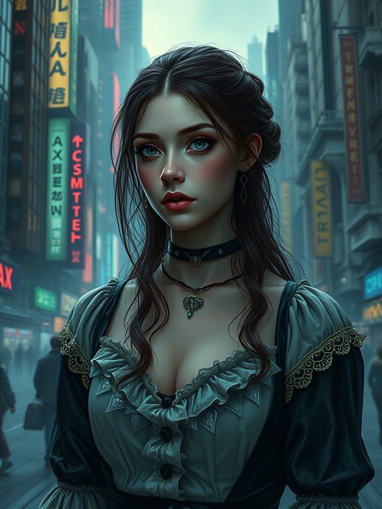 Gothic Woman in Cyberpunk Metropolis