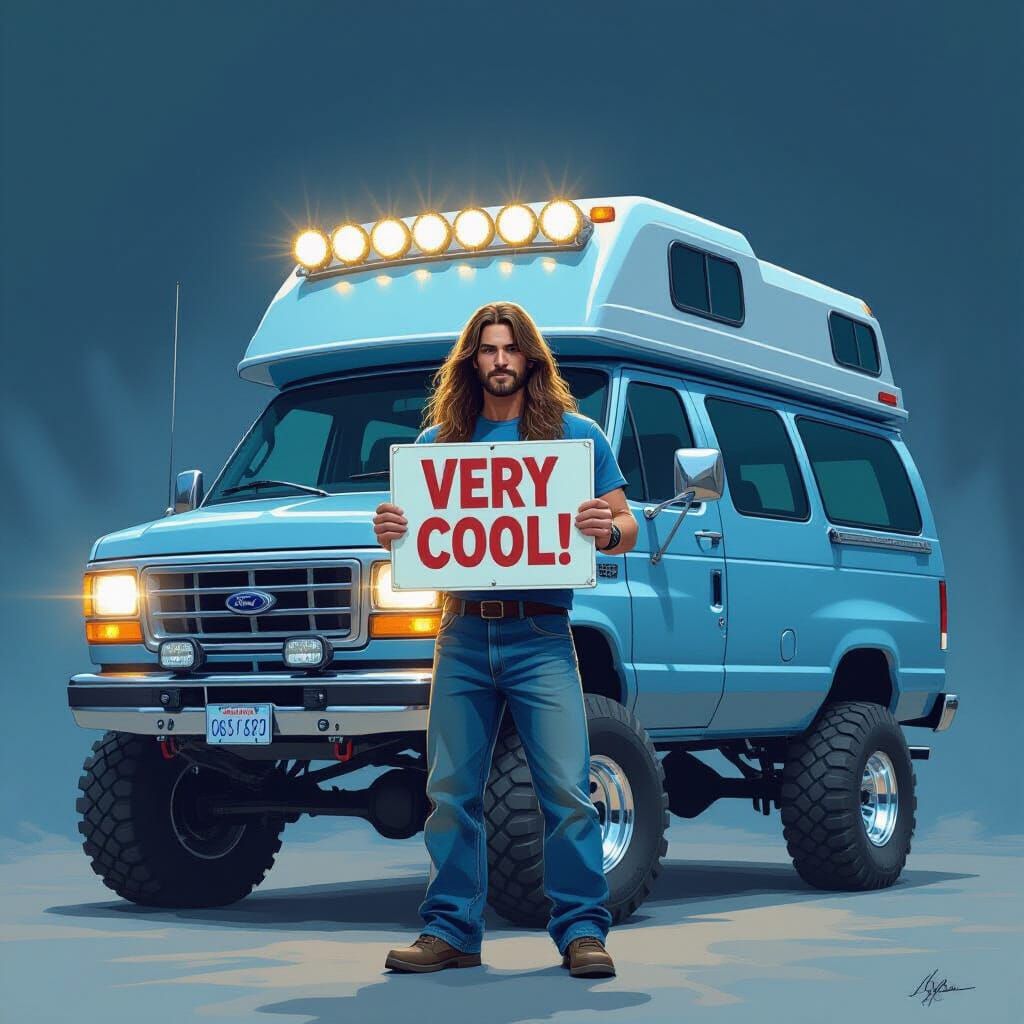 Cool Dude with 'VERY COOL!' Sign and Off-Road Van
