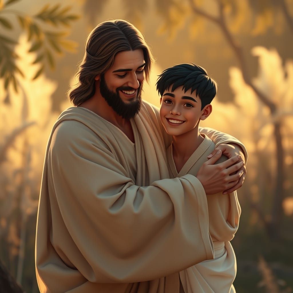 Jesus Embracing a Youthful Man in Serene Nature