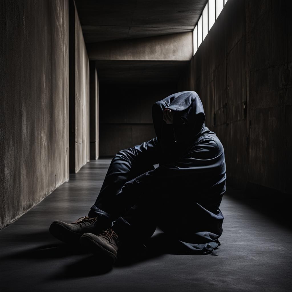 Bound Person in Dark Concrete Room