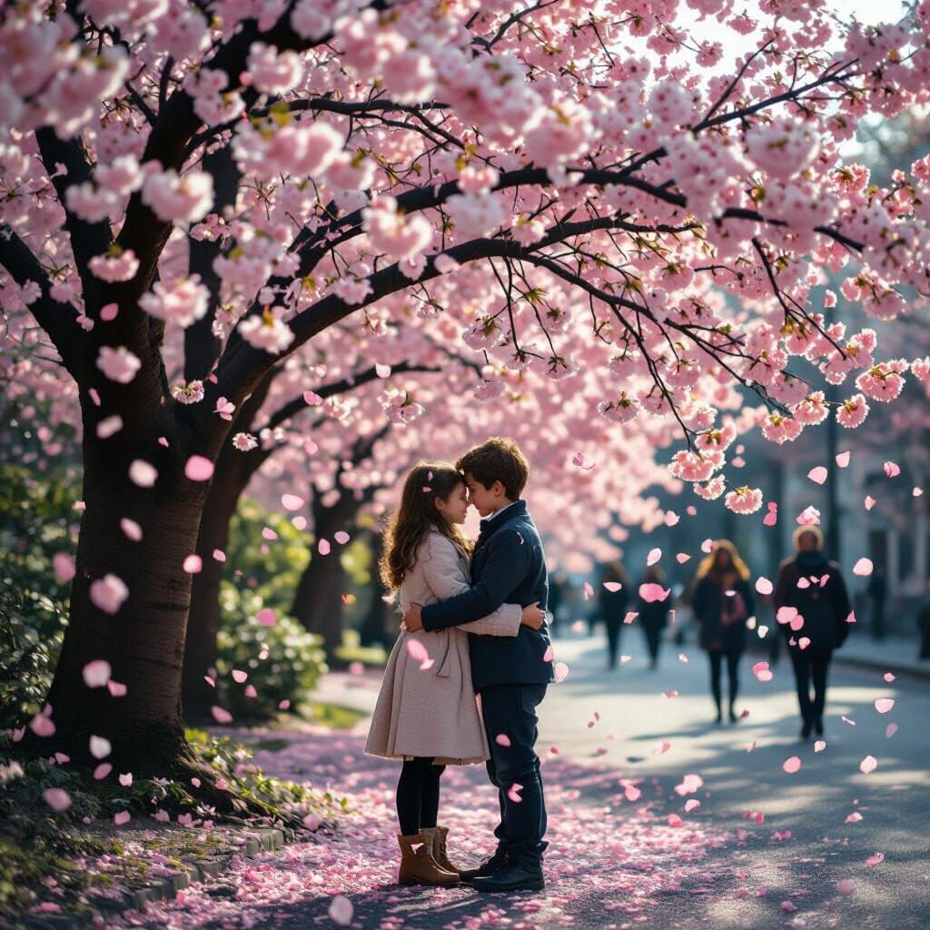 Embracing Couple Under Cherry Blossoms, Cinematic Film Still