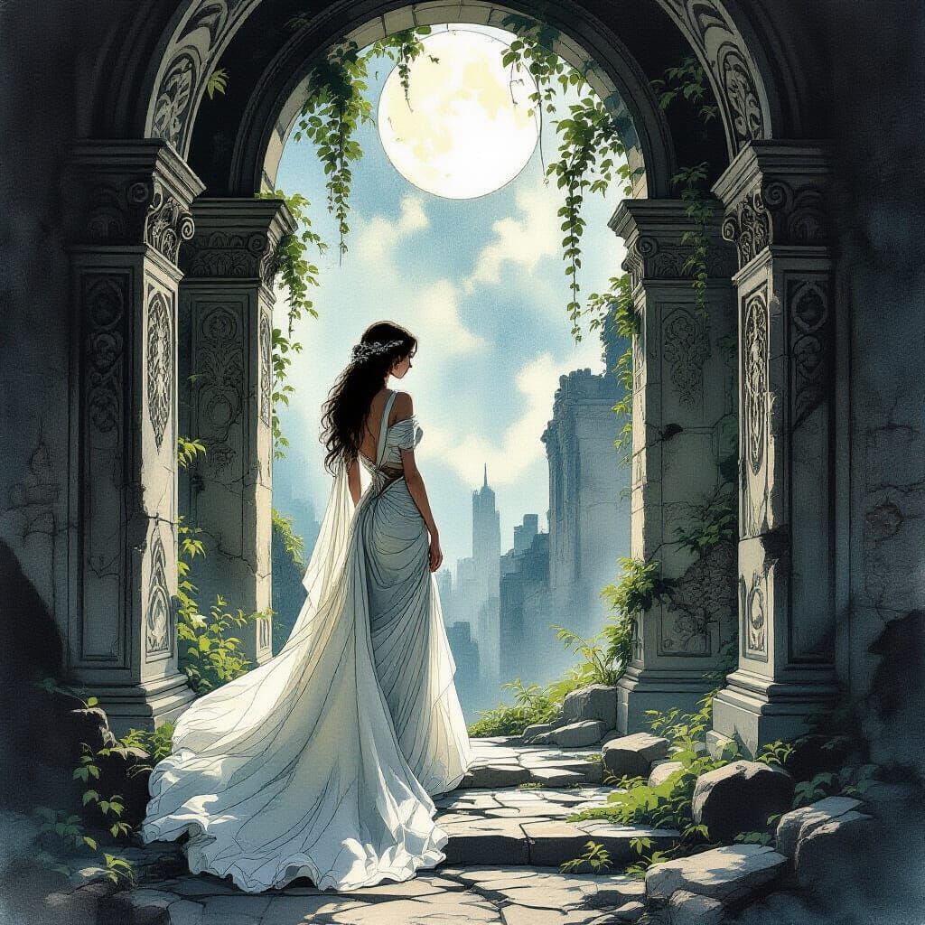 Elegant Woman in Art Nouveau Gown in Ruined Civilization
