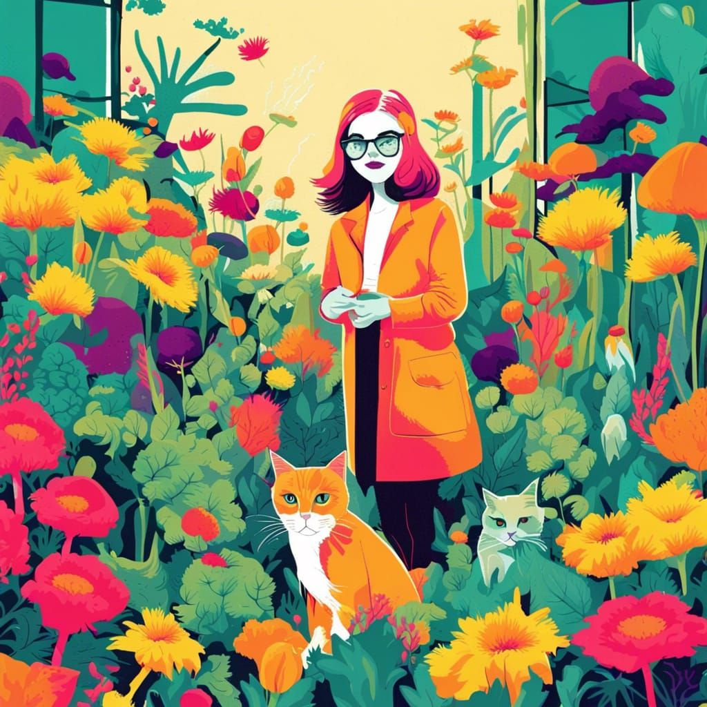 Pop Art Cat Lady in Overgrown Garden
