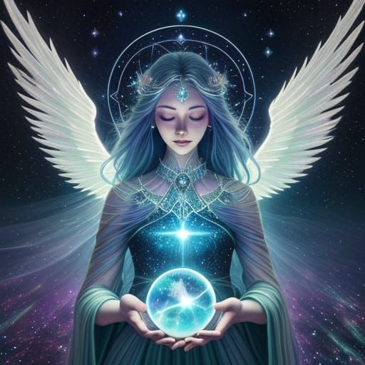 Crystal Winged Angel in Cosmic Tarot Ring