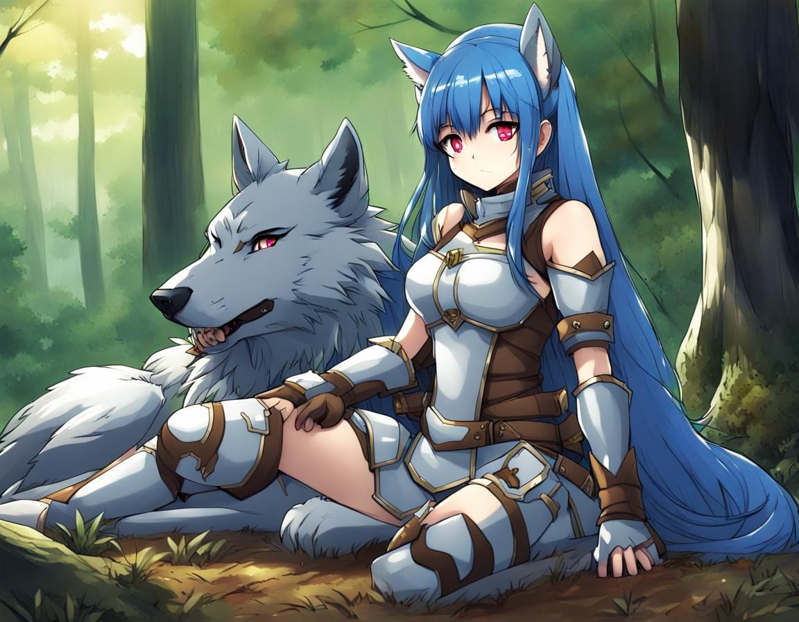 Anime Girl with Wolf in Forest: Manga Style
