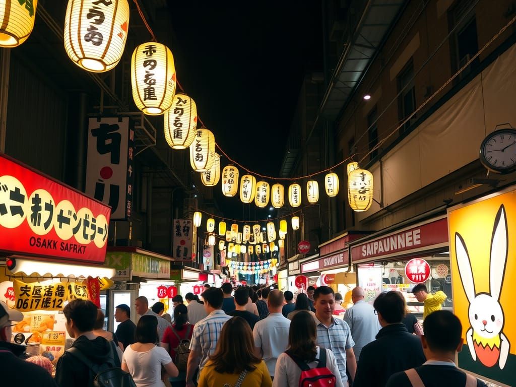 Vibrant Osaka Night Market Under Glowing Lanterns