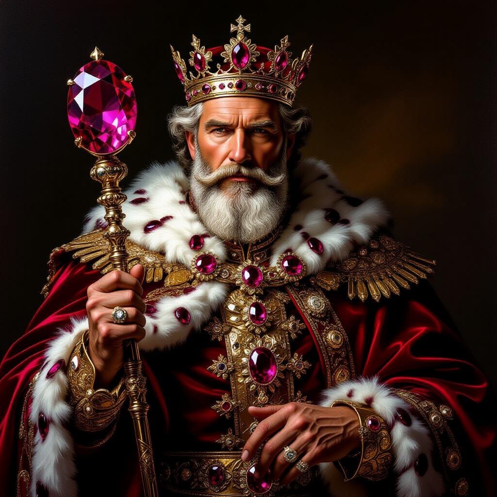 Regal King Holding Giant Ruby Scepter