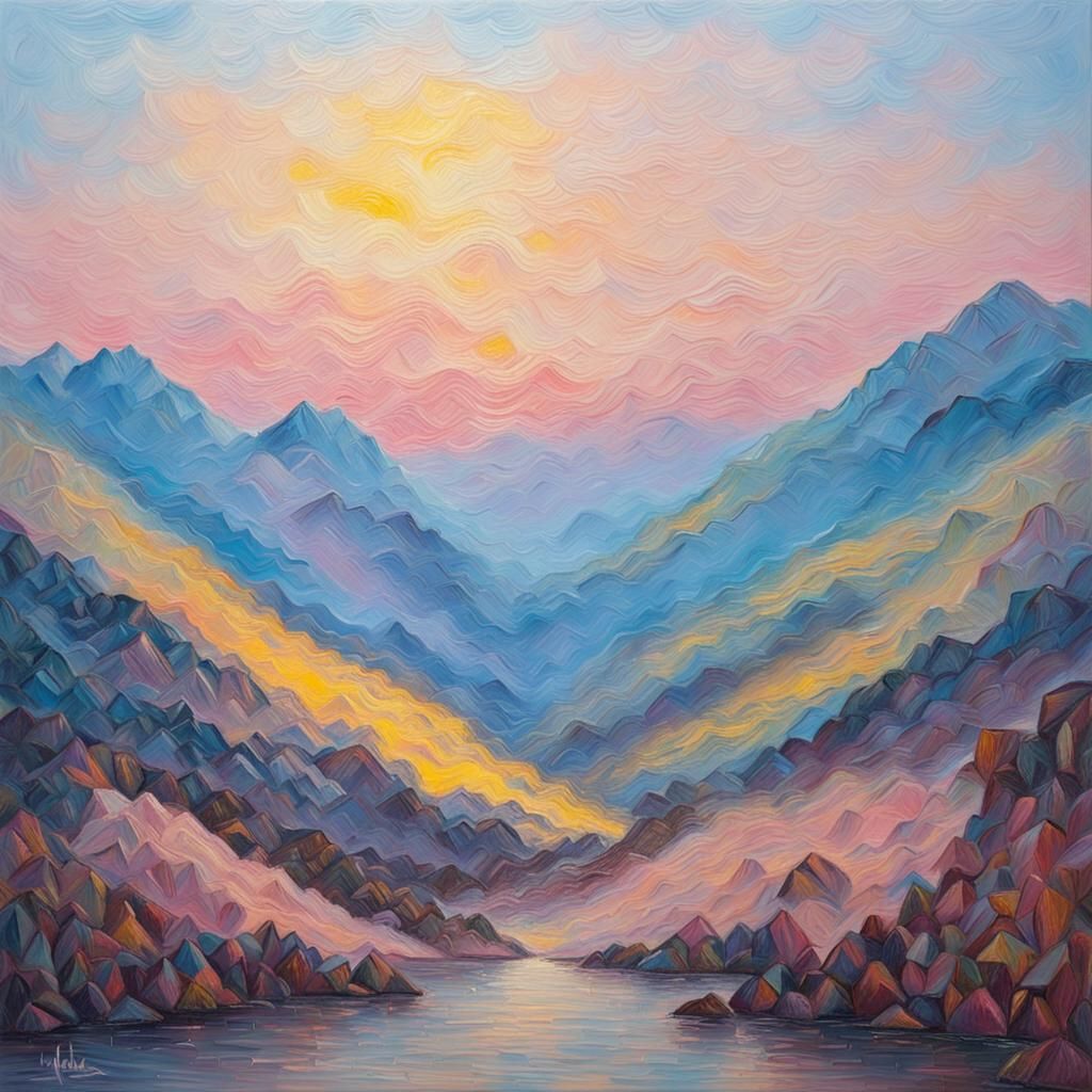 Pastel Sunrise Over Blue Mountains: Expressionist Oil Painti...