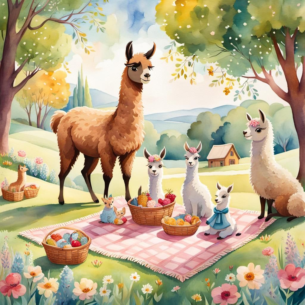 Llama Family Picnic in Disney Storybook Style