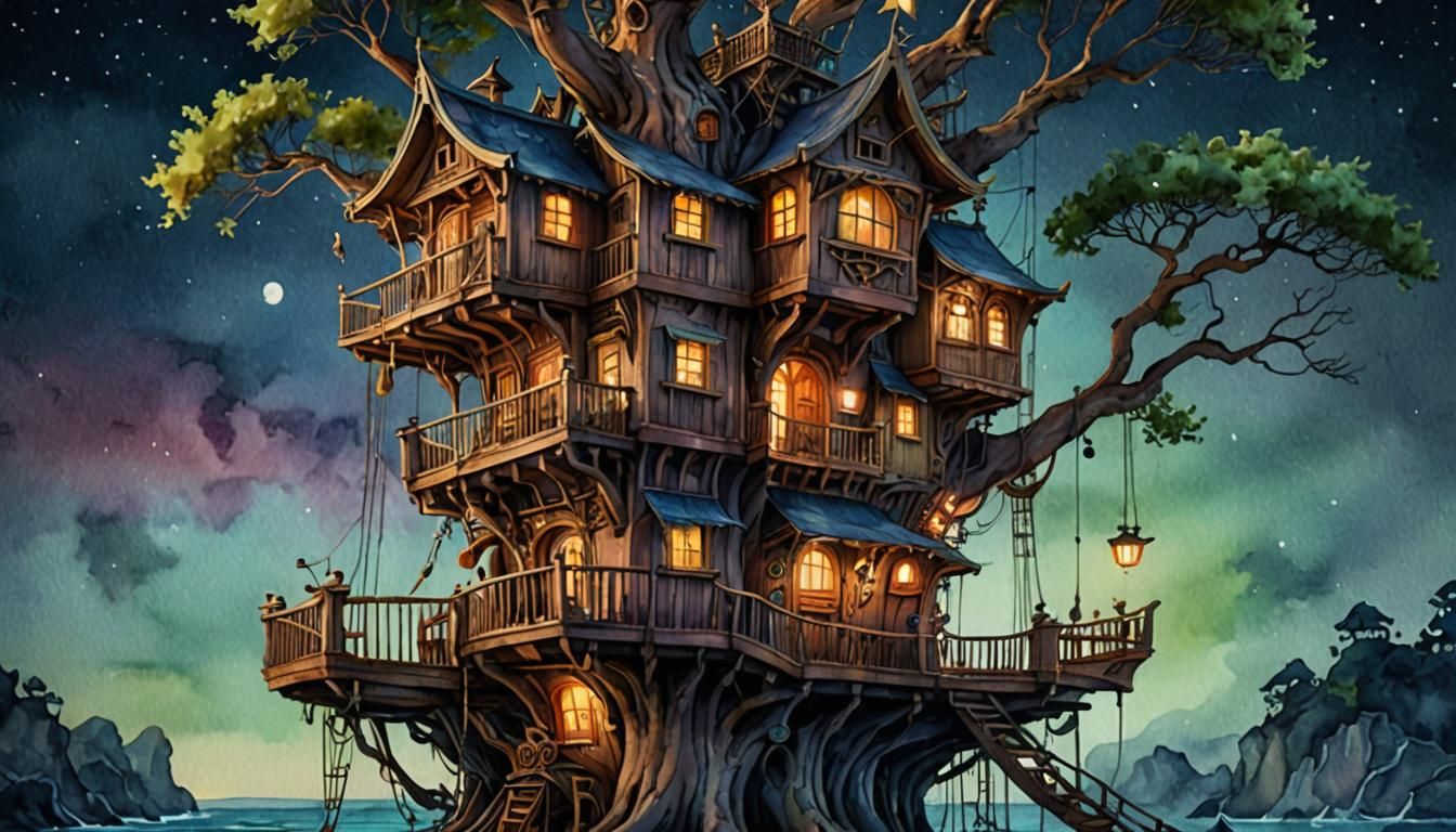 Art Nouveau Pirate Ship Treehouse at Night
