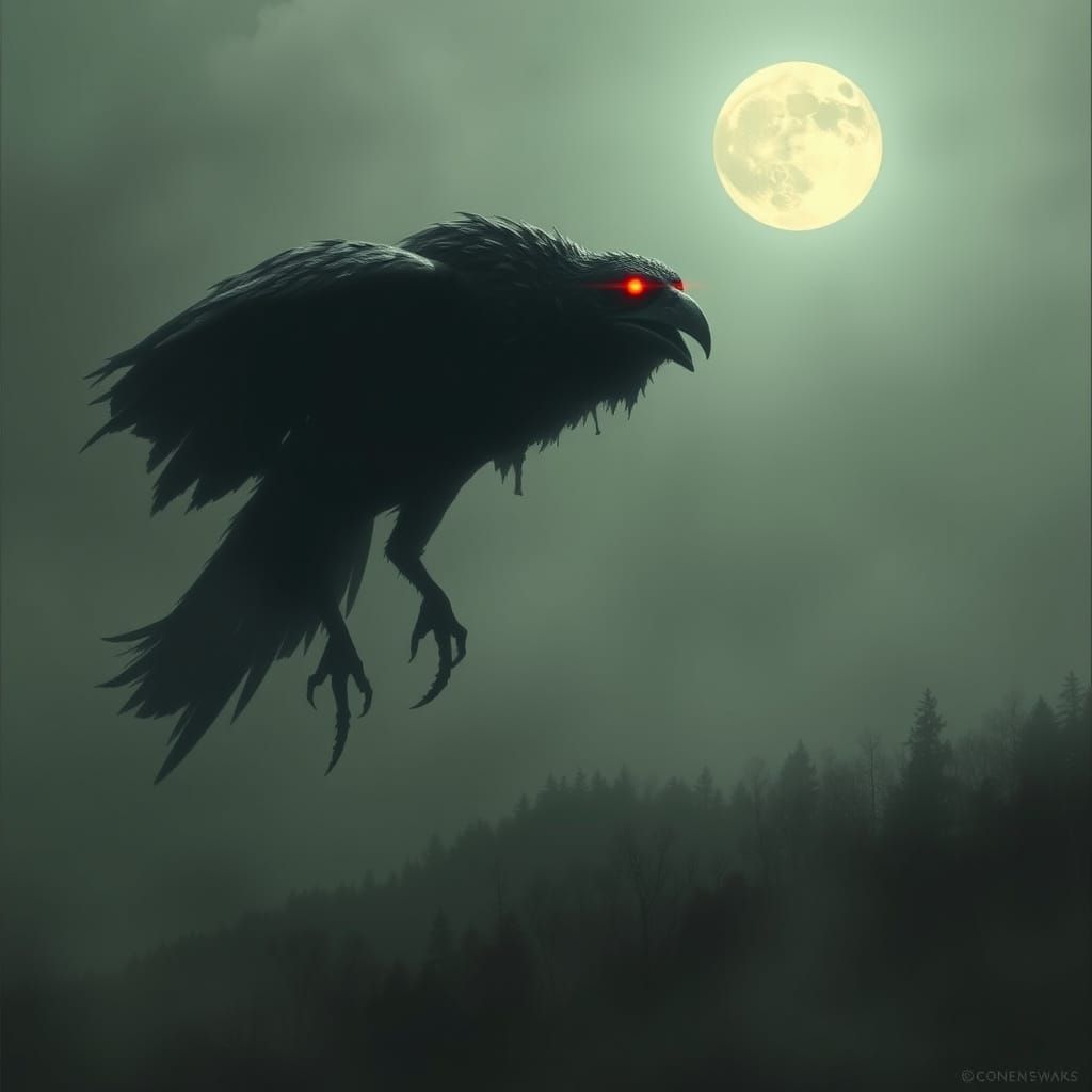 Eerie Giant Bird Soaring Over Misty Forest