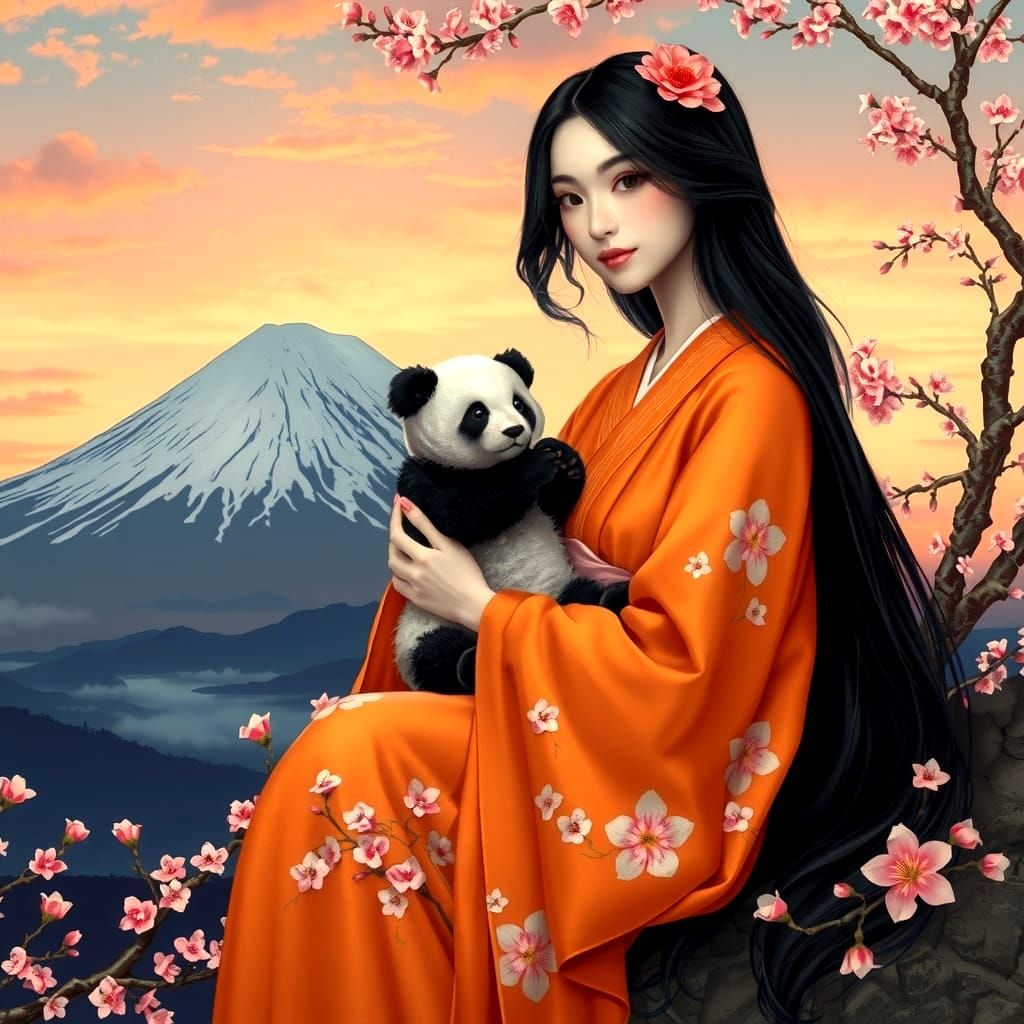 Ethereal Woman with Panda at Mount Fuji, in Symbolist Style
