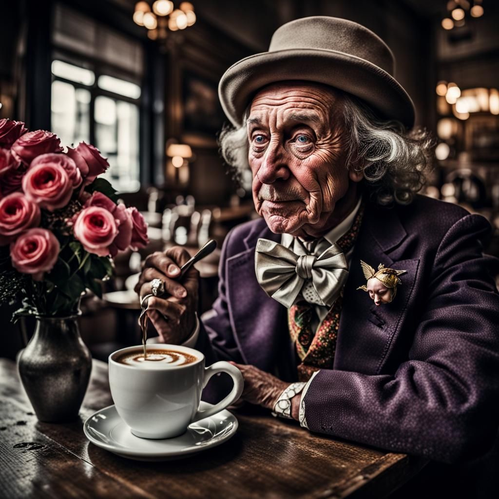 Willy Wonka at Paris Cafe, Hyperrealistic Portrait
