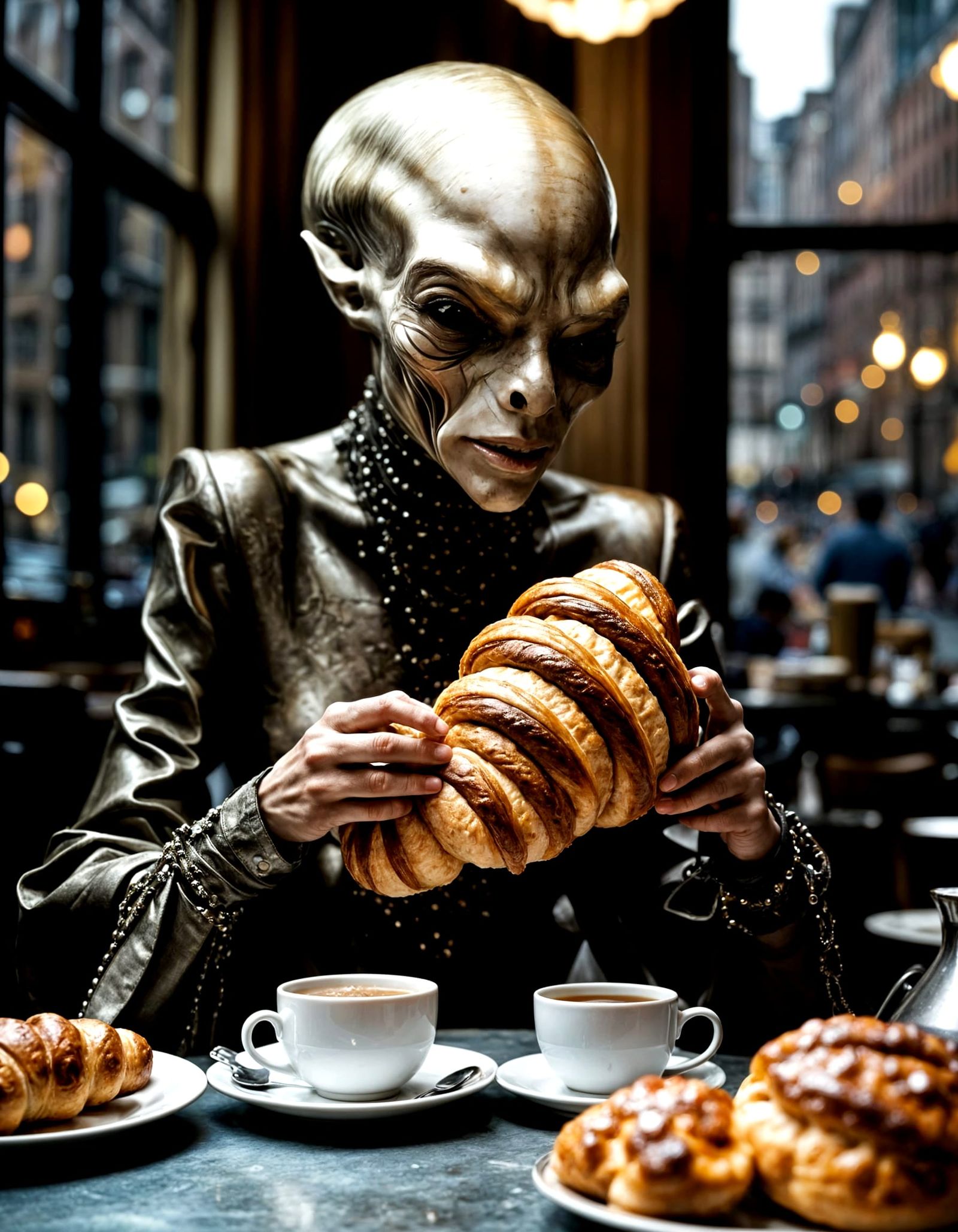 Alien Woman Enjoying Tea: Hyperrealistic Cafe Portrait