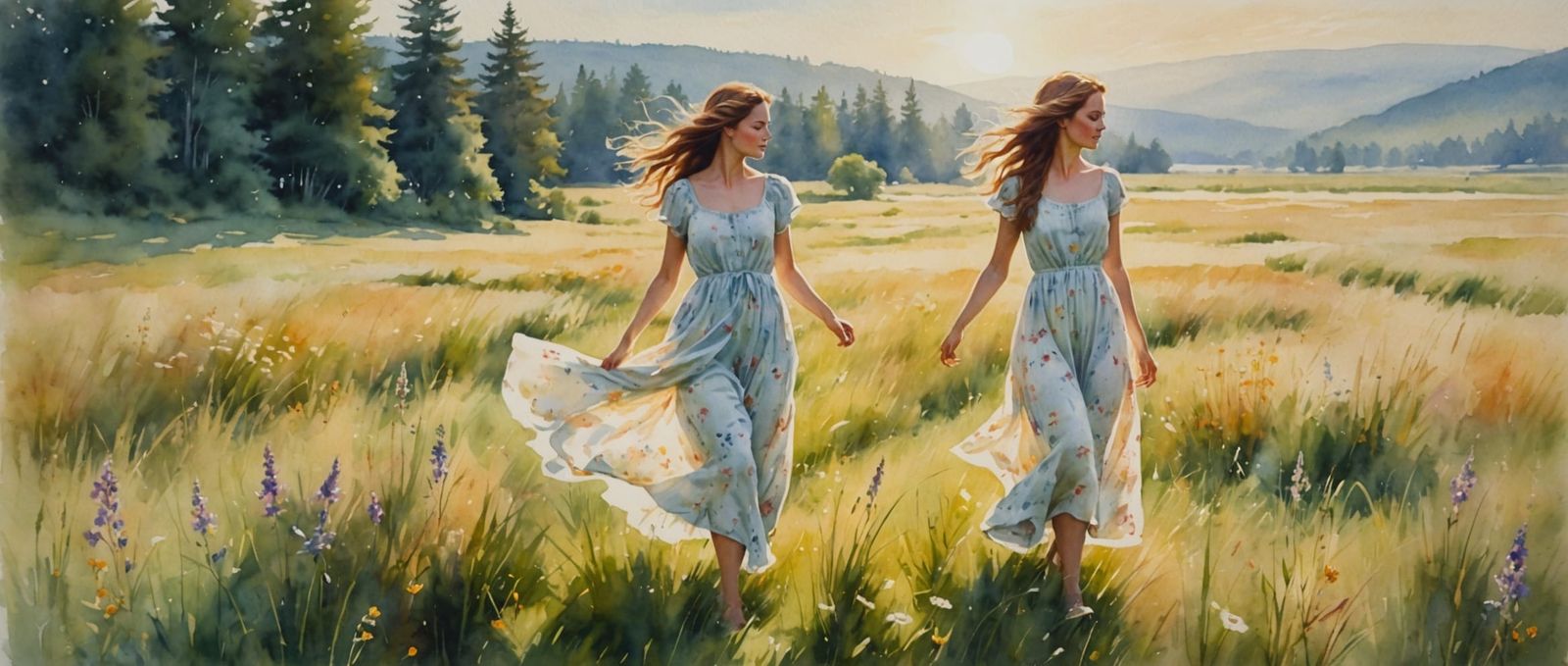 Woman Walking Through Meadow in Watercolor Painting