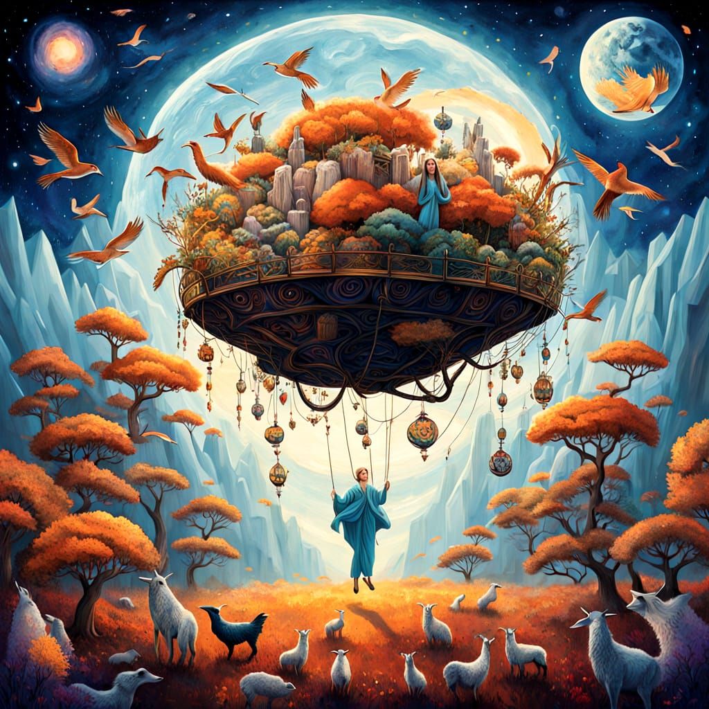 Surreal Tea Party on Floating Island, Psychedelic Art