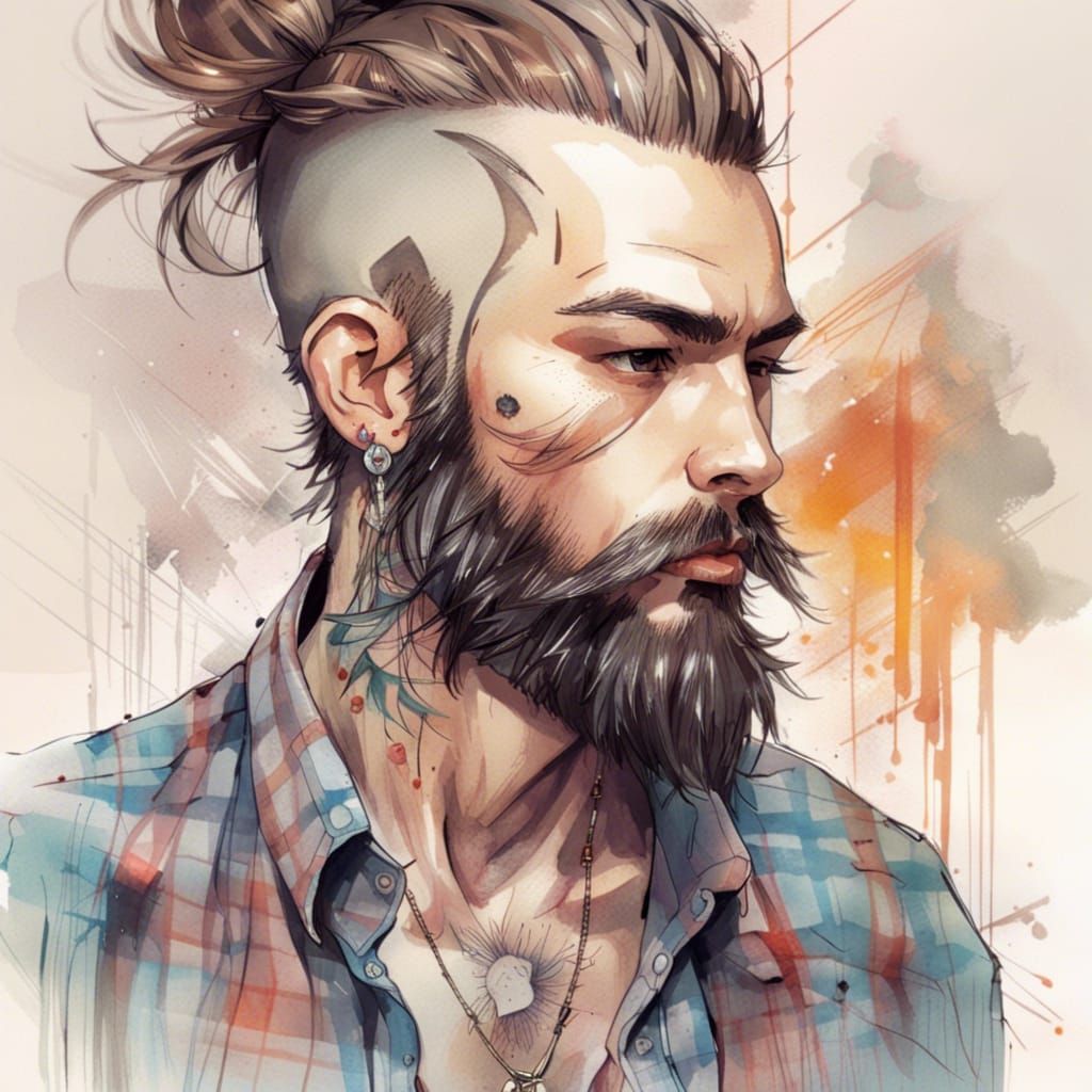 Anime Portrait of Hipster Man with Tattoos