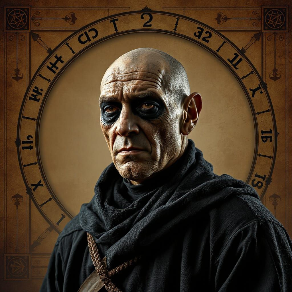 Medieval Wizard Exudes Unease in Sepia-Toned Portrait